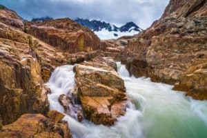 A fast moving river flows down after the Patagonian ice cap starts to melt on the north side of Cerro Fitzroy near El Chalten, Argentina.