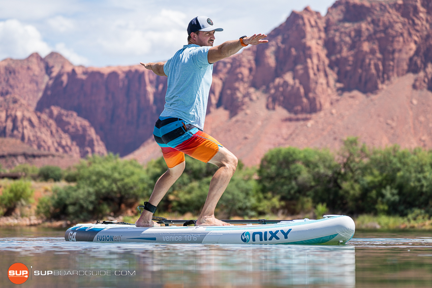 Nixy Venice G4 Inflatable Paddle Board Review Warrior Pose Yoga SUP